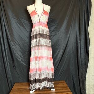 Raga‎ Chaudry KC (medium) Boho Chic Pink and Brown Tie-Dye Halter Maxi Dress NWT